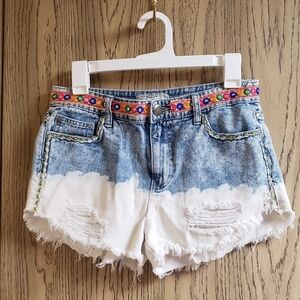Embroidered Denim and White Frayed Shorts